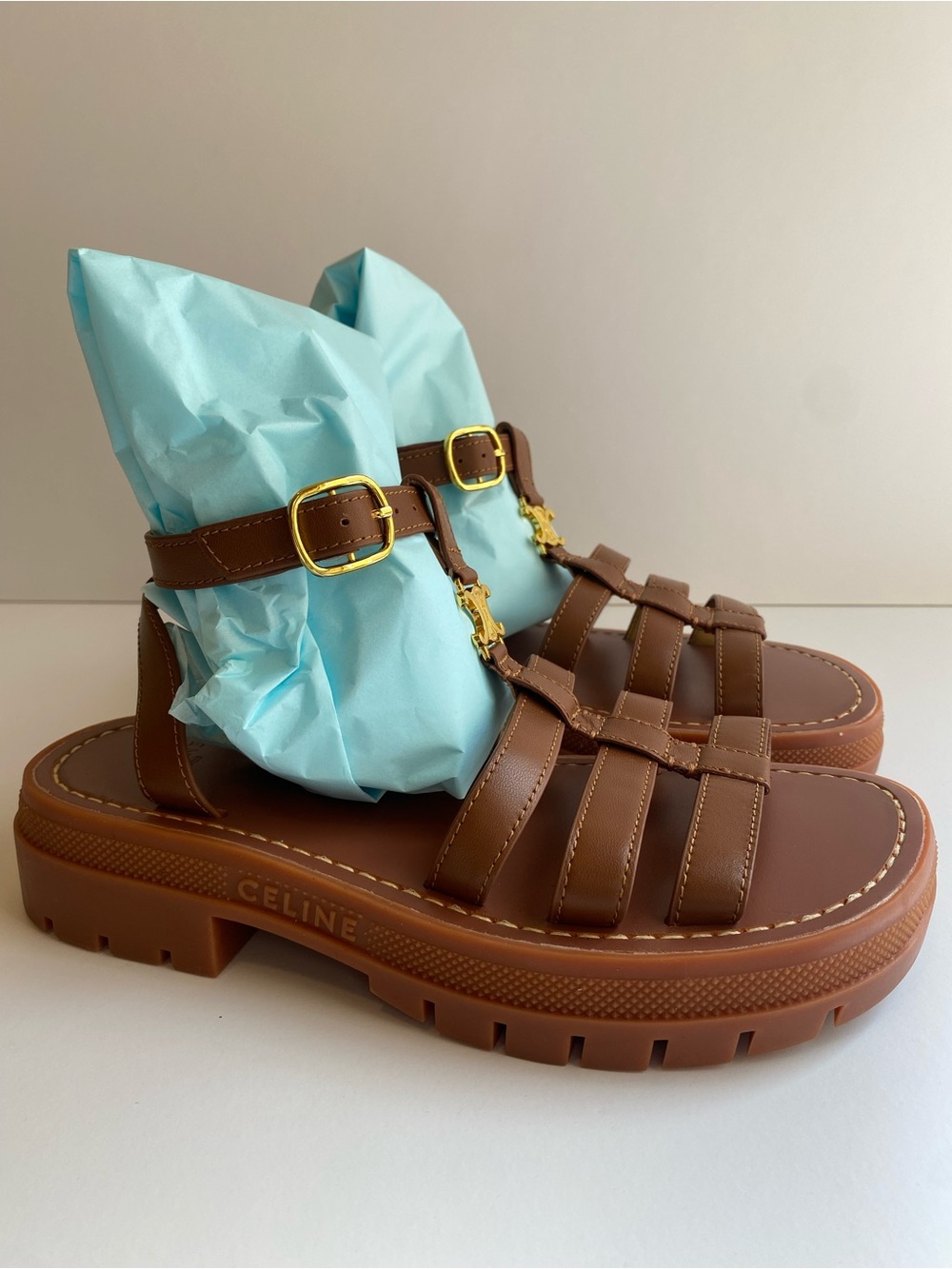 Celine Brown Leather Platform Sandals with Gold Buckle Size 40EU/9US